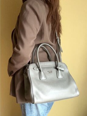 Prada Grey Saffiano Dome Leather Satchel Totel Bag with Strap